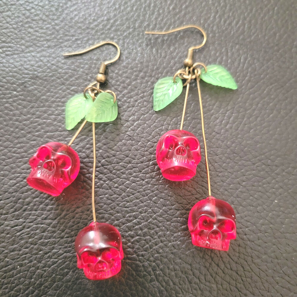 Skull shaped cherry rockabilly goth earrings